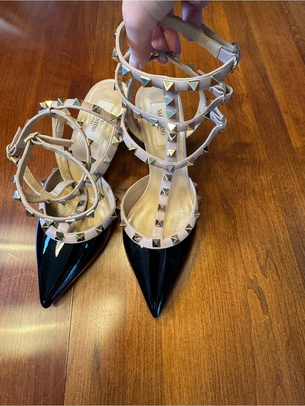 Valentino Rockstud Black Patent Pointed-Toe Ankle-Strap Heels